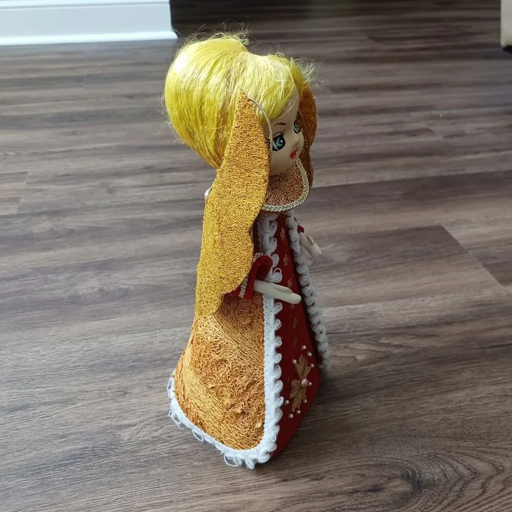 Vintage‎ Angel Tree Topper Red Felt Cardboard Body Blonde Hair 12